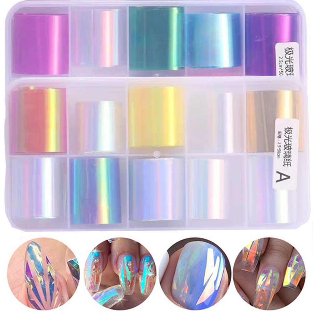 MXBEAUTY 1 Box/set Nails Art Decoration DIY Nail Foil Film Aurora Broken Glass Foils Mirror Glitter Decal Colorful Transfer Paper Nail Stickers Manicure Tools Laser Cellophane