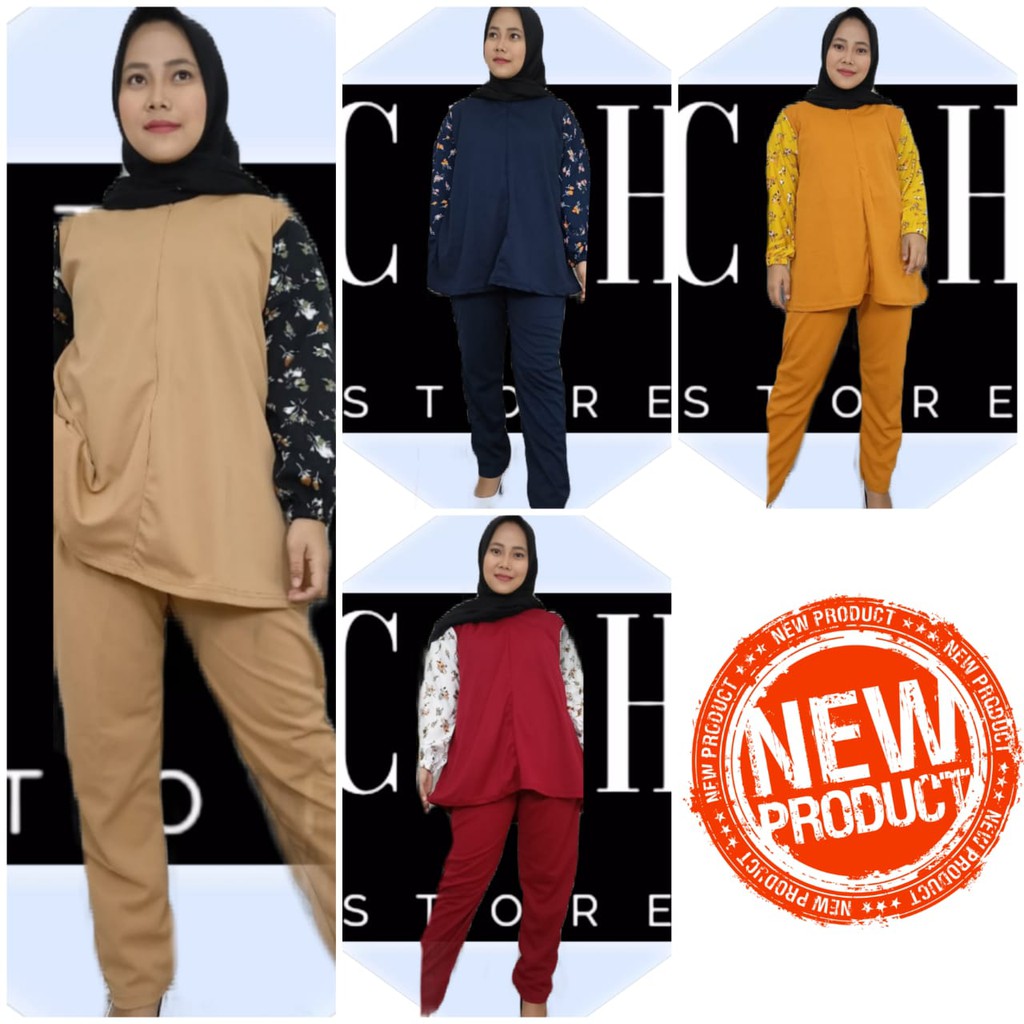 SETELAN VOXY MUTIARA (2962) SET PAKAIAN WANITA MUSLIM - SETELAN CELANA BAHAN VOXY LENGAN BUNGA [COD]