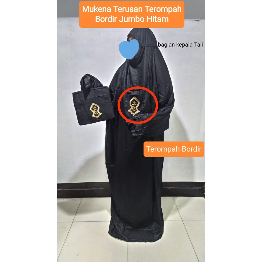 Mukena Terusan Jumbo Terompah Bordir Polos Hitam Premium