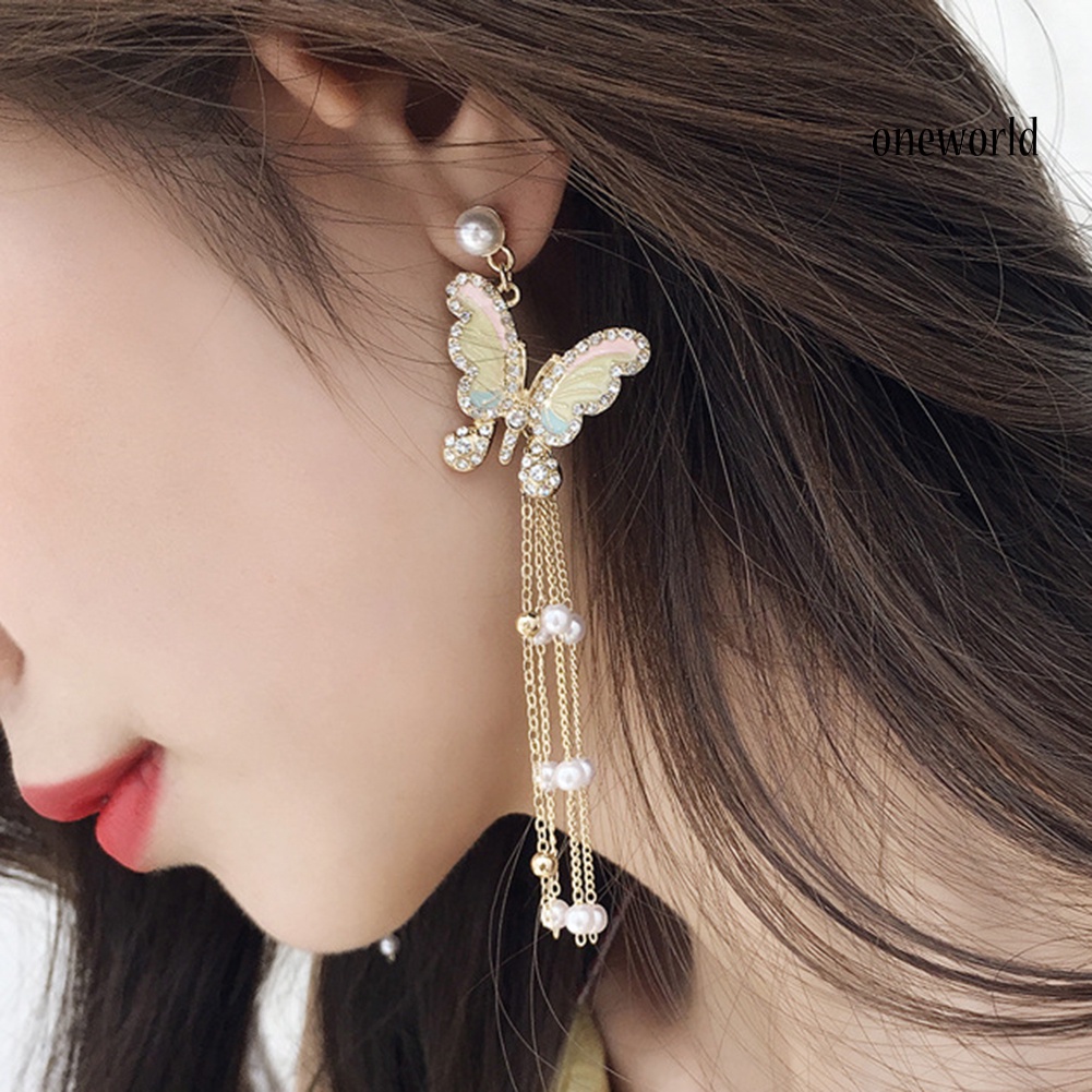 OW@ Lady Bling Rhinestone Inlaid Butterfly Long Tassel Faux Pearl Drop Stud Earrings