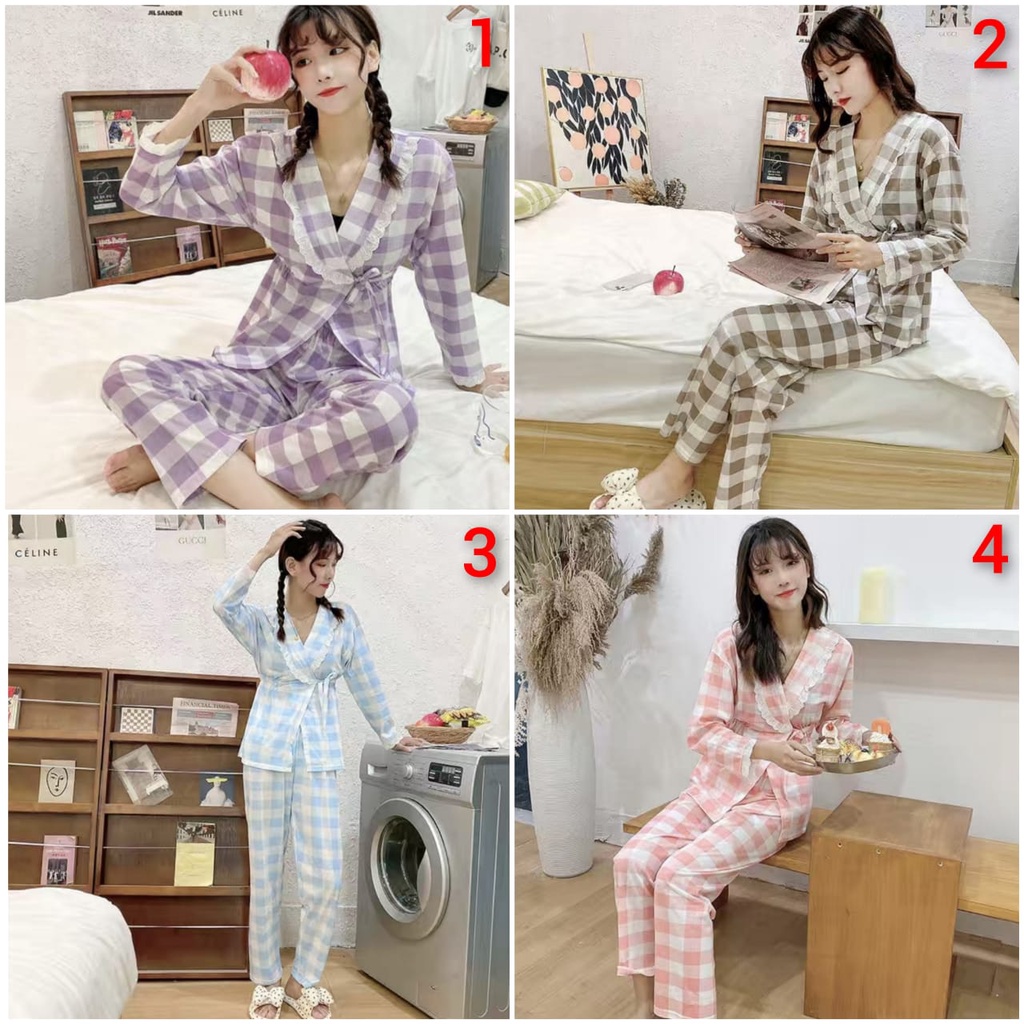 Baju tidur pp kimono bahan kaos premium motif kotak