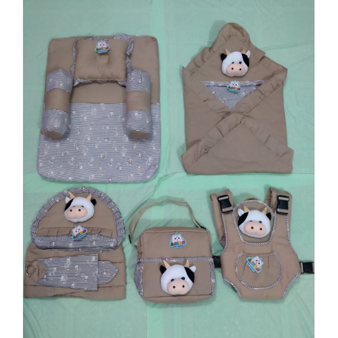 TERMURAH !!! SATU SET PERLENGKAPAN BAYI (PAKET HEMAT 5 in 1) BONUS 1 SET SARUNG TANGAN KAKI BAYI-Set 5 krem tas sapi