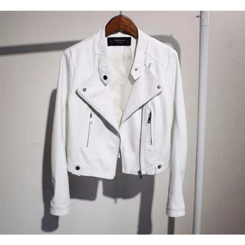 Jaket Kulit Wanita Crop Korea Kulit PU leather Putih