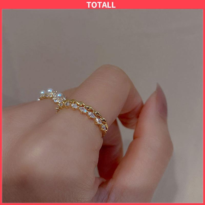 COD Double-layer Retro Pearl Diamond Ring Niche Light Desain Mewah Cincin Dapat Disesuaikan Terbuka-Totall