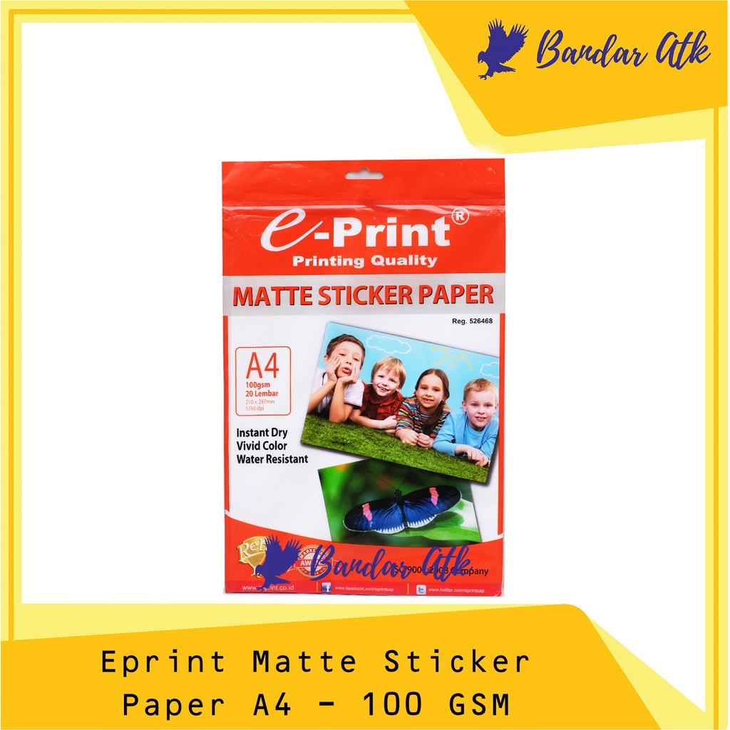 

EPRINT STICKER MATTE PAPER Kertas Sticker Matte Doff A4 100GSM 20 LEMBAR [ 1 PACK ]