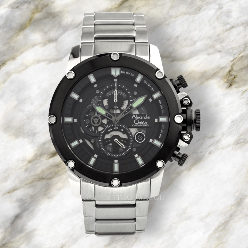 Alexandre Christie 6564MCBTBBA Jam Tangan Chronograph Pria - Silver Black - Stainless Steel Bracelet
