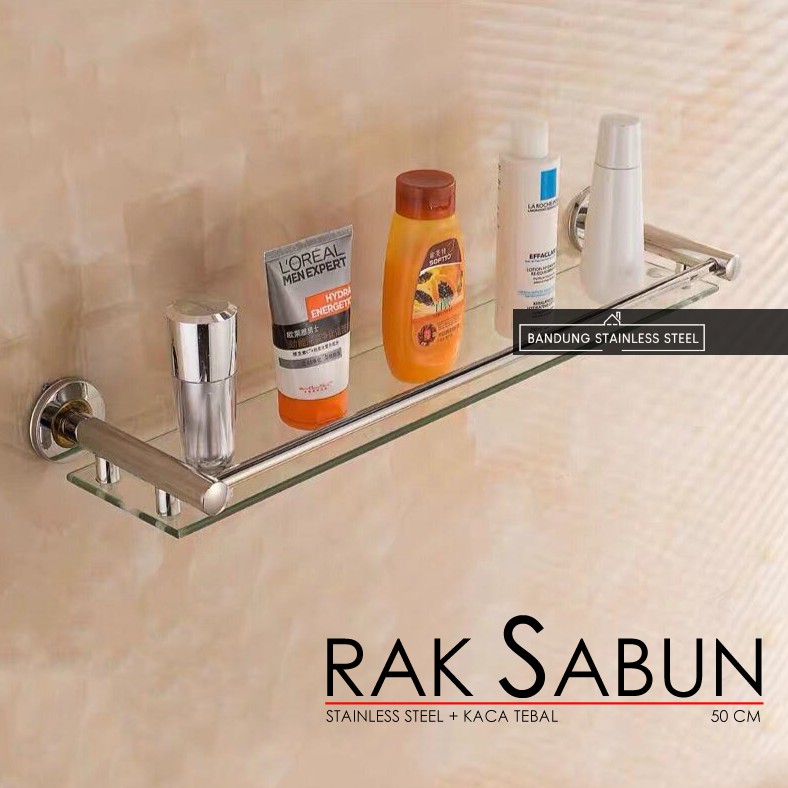 Rak Tempat sabun shampo stainless kaca tebal 1 susun 50 cm persegi kamar mandi
