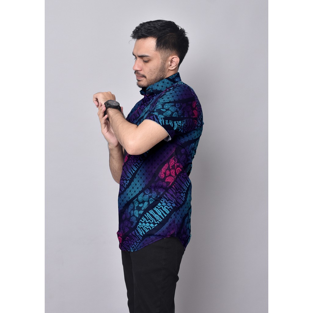 Babedo Kemeja Batik Pria Slimfit Motif Lurik Degradasi Premium Lengan Pendek