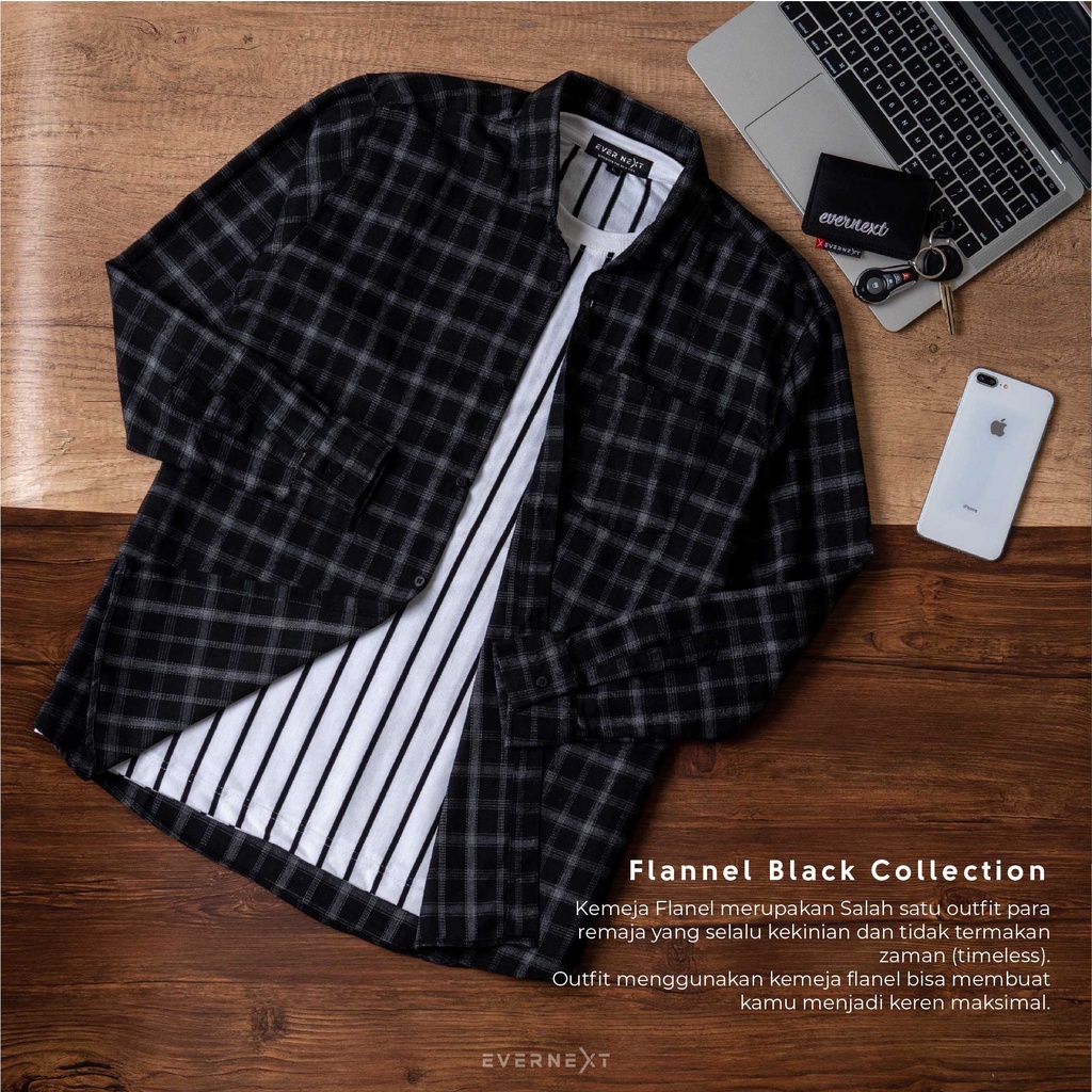 Kemeja Flannel Pria Lengan Panjang Casual Black Premium Terbaru