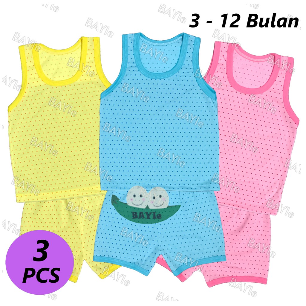 BAYIe - 3 SET Setelan Kaos SINGLET / KUTUNG Bayi/Anak Motif POLKADOT Warna MF umur 3 - 12 bulan SNI