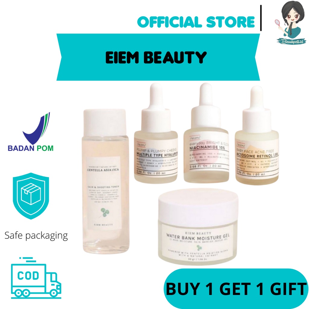 EIEM BEAUTY SKINCARE SERUM MOISTURIZER TONER BU EI.EM SERUM BRIGHTENING NIACINAMIDE, FACE ACNE RETINOL, HYALURONIC HYDRATION BOOSTER SERUM WATER BANK MOISTURIZER PELEMBAB CALM SOOTHING TONER WAJAH BY EIEM 20mlA