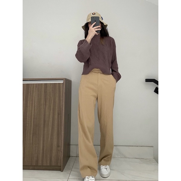 Fwdaily - ANNA ( crop sweater - sweater rajut motif turtleneck )-Burgundy