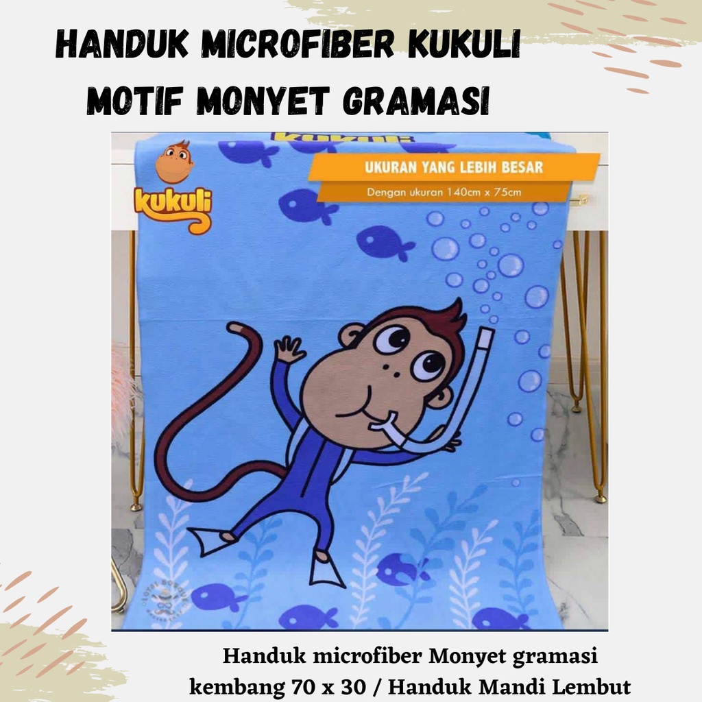 Terbaru!! Handuk Microfiber Kukuli Motif Monyet Gramasi 70 x 30/ Handuk Mandi Lembut