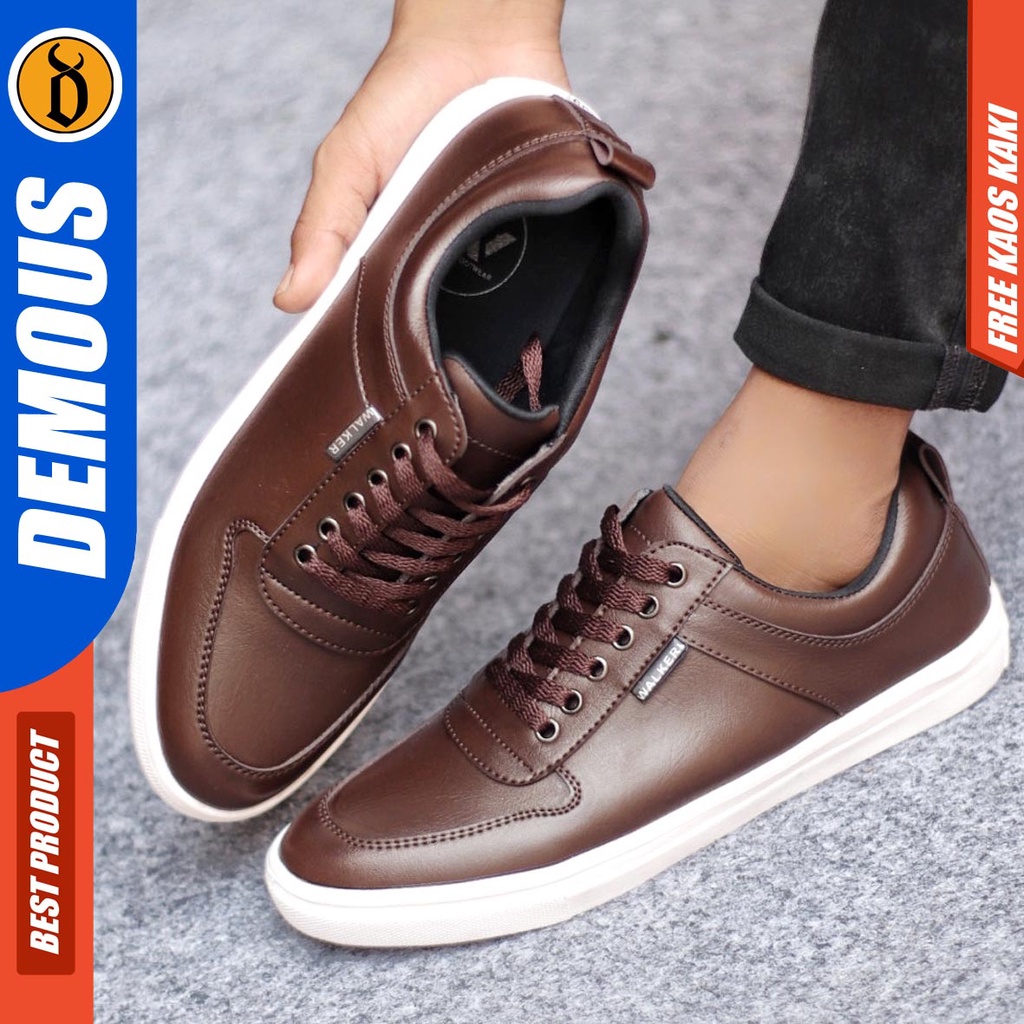 Sepatu Kasual Pria Sneakers Casual Kulit Pu Kerja Polos Hitam Coklat Demous Tiago