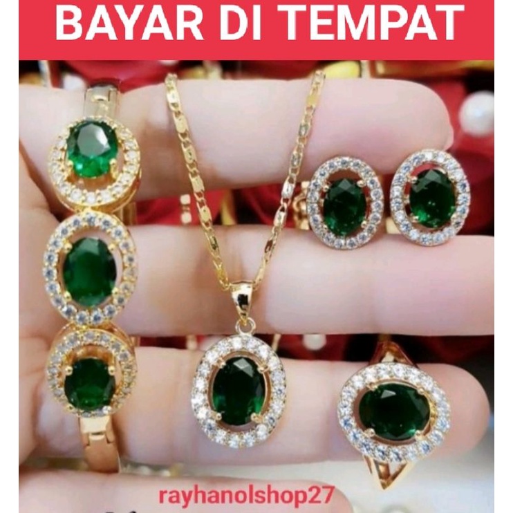 SET PERHIASAN WANITA DEWASA MOTIF BATU PERMATA LENGKAP WARNA PILIHAN LAPIS EMAS 24 K