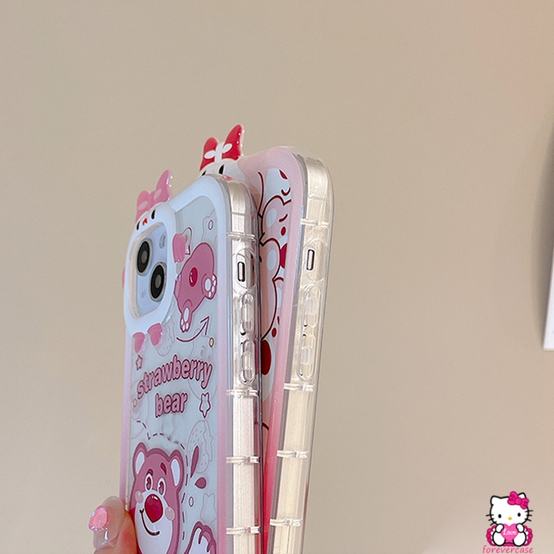 Soft Case TPU Motif Kartun Beruang Pink Strawberry 3D Untuk IPhone 7Plus 13 11 12 Pro MAX 6 6S 7 8 Plus XR X XS MAX 8Plus SE 2020