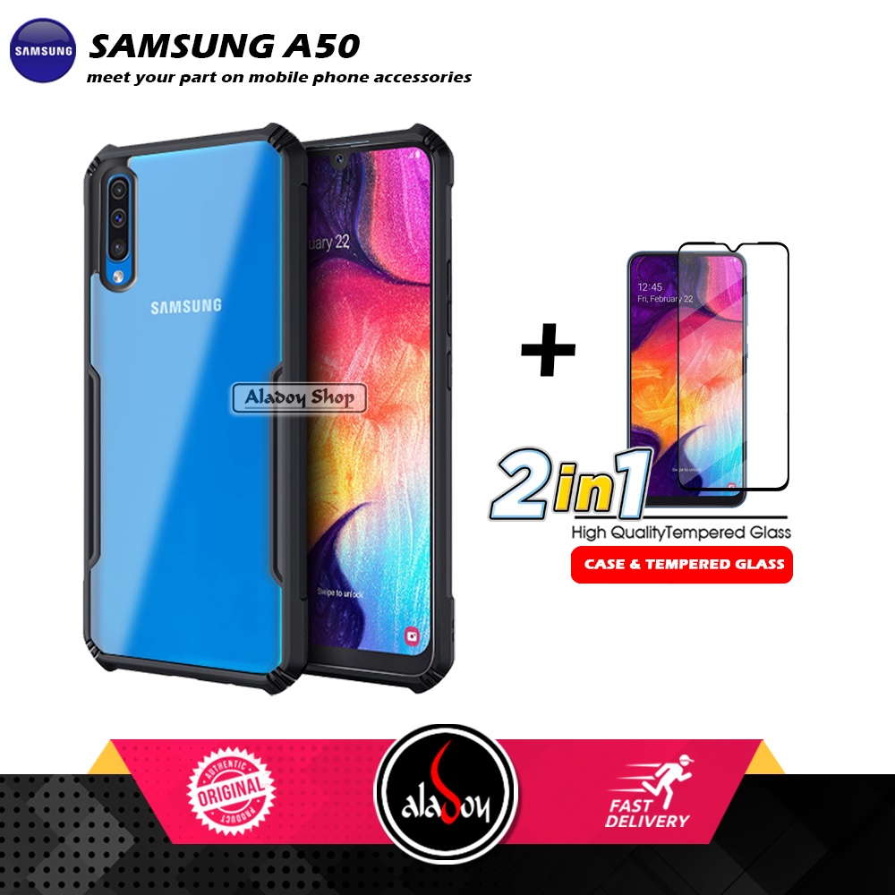 PAKET 2 IN 1 Case Samsung A50 Armor Fusion Transparent Prmium Casing Free Tempered Glass