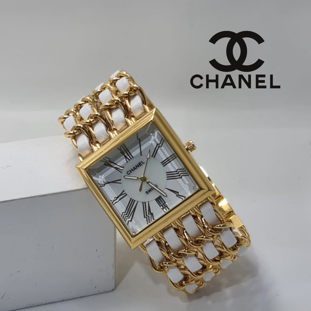 JAM TANGAN WANITA C125 TALI RANTAI KOMBI TANGGAL AKTIF BODY SEGI DM 4.0CM FREE BOX  || JAM TANGAN FASHION WANITA RANTAI