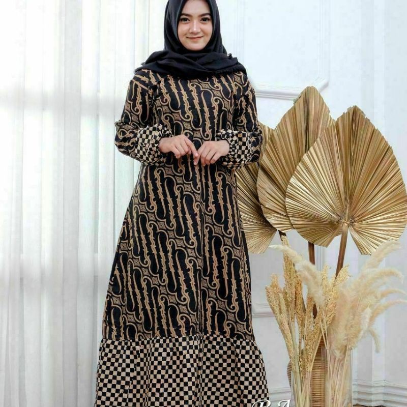 BAJU GAMIS BATIK WANITA - BAJU BATIK GAMIS ALLSIZE JUMBO model terbaru mix embos modern syari 027