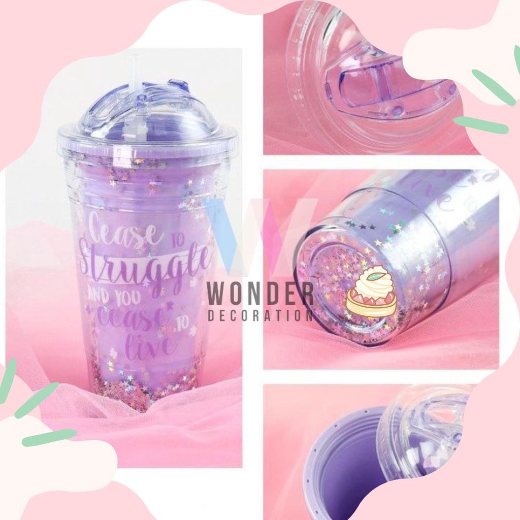 Botol Minum Air Dengan Sedotan 450ML Botol Minum Anak Tumbler Glitter Cup Blink -Wonderdekorasi