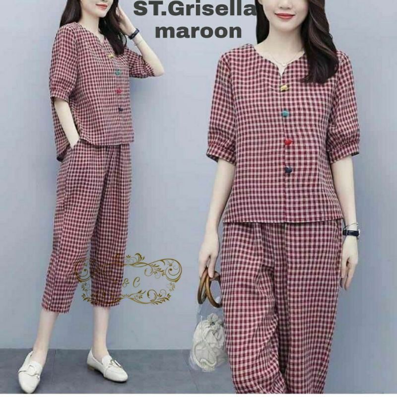 ST GRISELLA SETELAN PAKAIAN WANITA SET GRISELLA KOTAK SETELAN ATASAN DAN CELANA ONE SET KOREAN STYLE