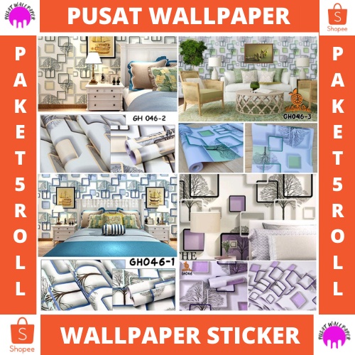 PUSAT WALLPAPER PAKET 5 ROLL - Walpaper Sticker Dinding Kamar Tidur motif KOTAK 3D TREE UNGU Promo Murah / Wallpaper COD TERMURAH