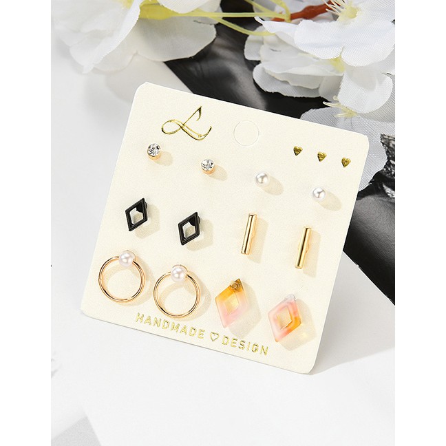 LRC Anting Set Fashion Gold Resin Diamond Studded Pearl Stud Earrings 6 Pairs F29783