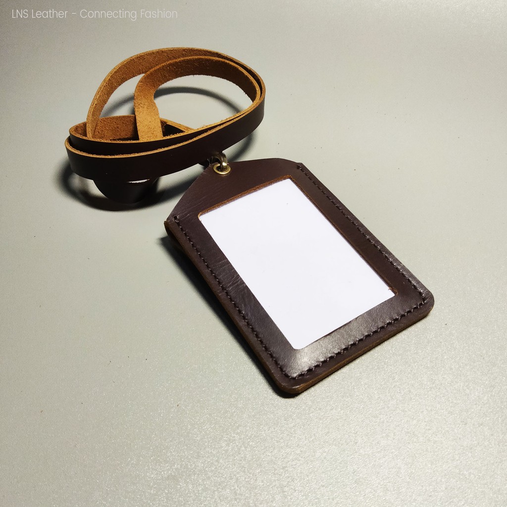 ID Card Kalung Kulit Name Tag Holder - Brown