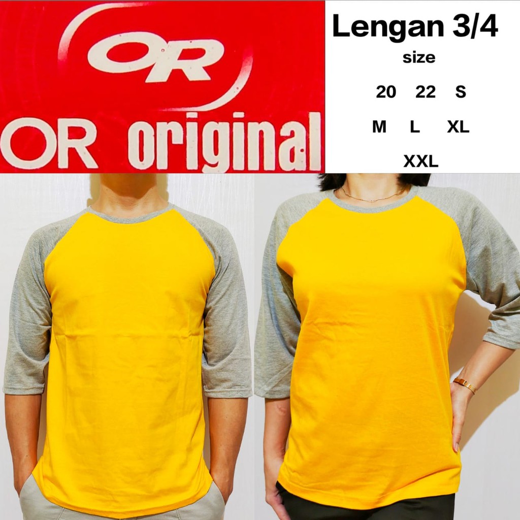 kaos polos reglan kuning lengan abu misty 3/4 20 22 S M L XL XXL