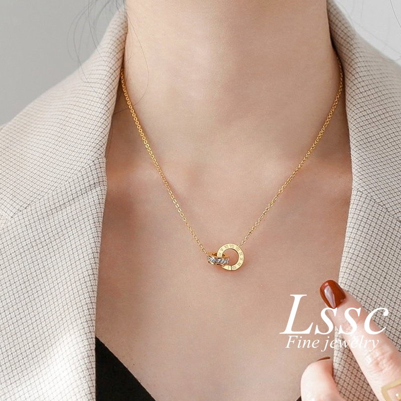 Kalung Titanium Wanita Anti Karat Kristal Berlian Mewah Emas 18K Perhiasan Korea