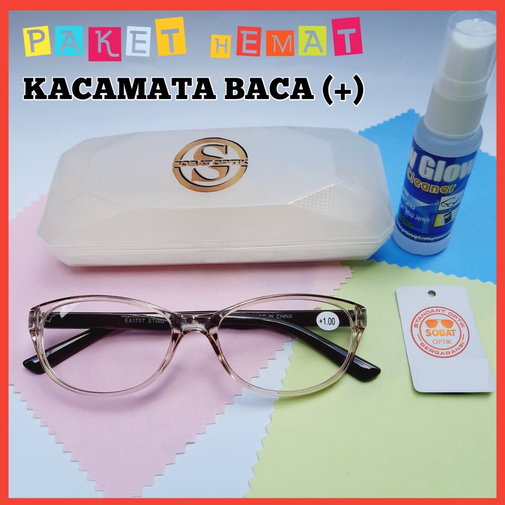 PAKET Kacamata baca plus untuk rabun dekat pria dan wanita berukuran +1.00 sampai +3.00 free box + Lap + cairan pembersih