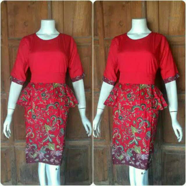 ROK BLOUSE BATIK MERAH RED SERIES SERAGAM PEPLUM PENDEK SPAN KANTOR KERJA