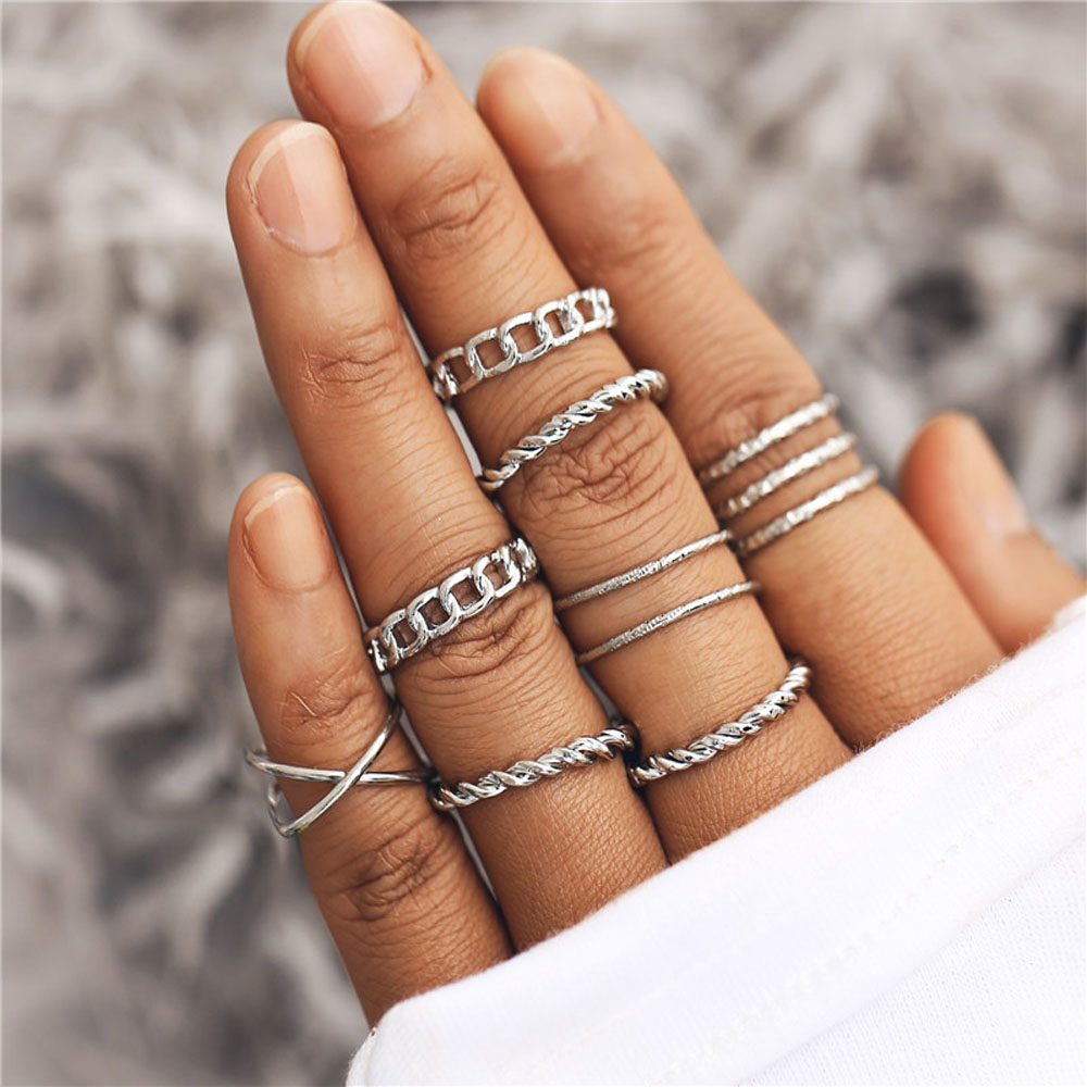 Needway  Female Punk Twisted Vintage Gold Sliver Color Finger Rings Set