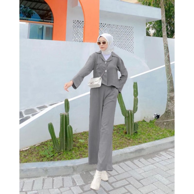 FREYA ONE SET CROP / SETELAN CRINCKLE-Grey