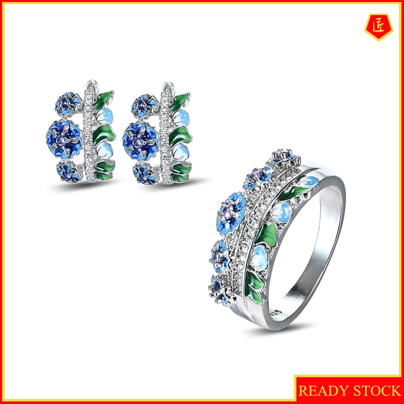 [Ready Stock]Fashion Elegant Flowers Ring Earrings Set