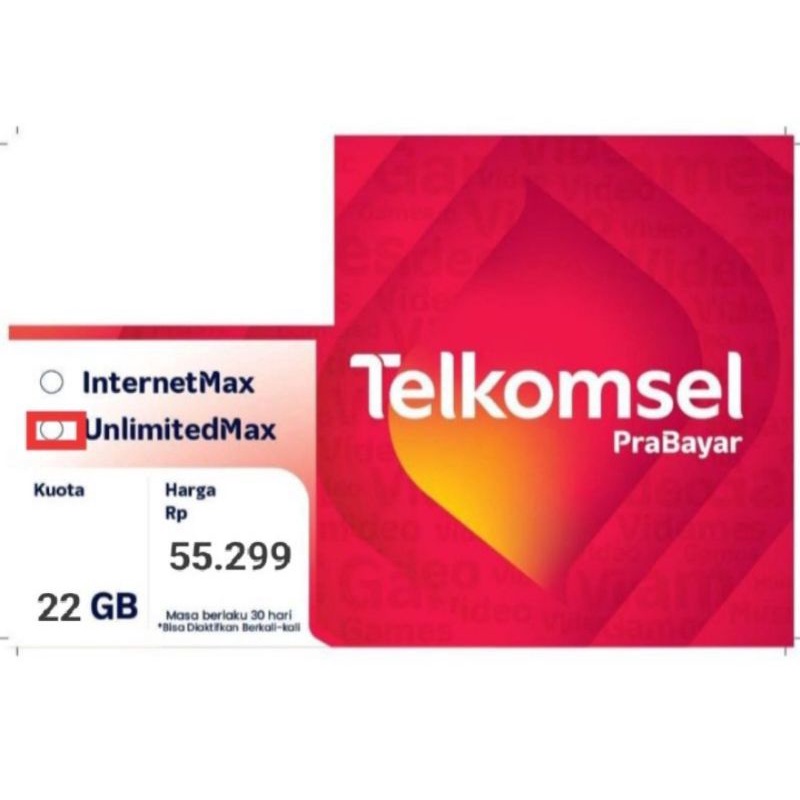 Perdana Telkomsel Unlimited Max 22GB 30Hari Jateng