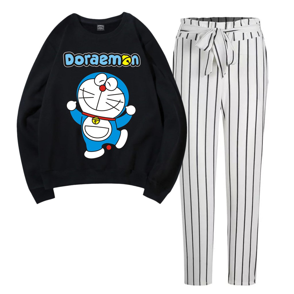 BESS - Baju Setelan Wanita Murah / Setelan Sweater + Celana Salur Putih - DORA DANCE