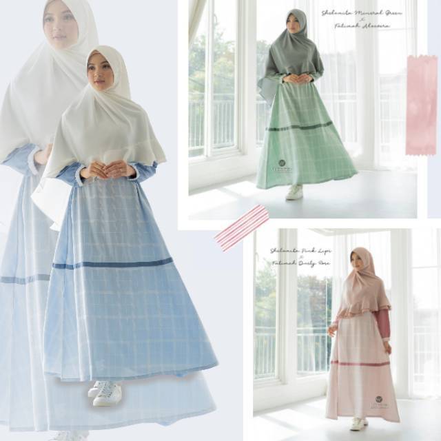 shelomita dress syari gamis pastel toyobo linen madina motif kotak kotak urfimutiyaro best seller