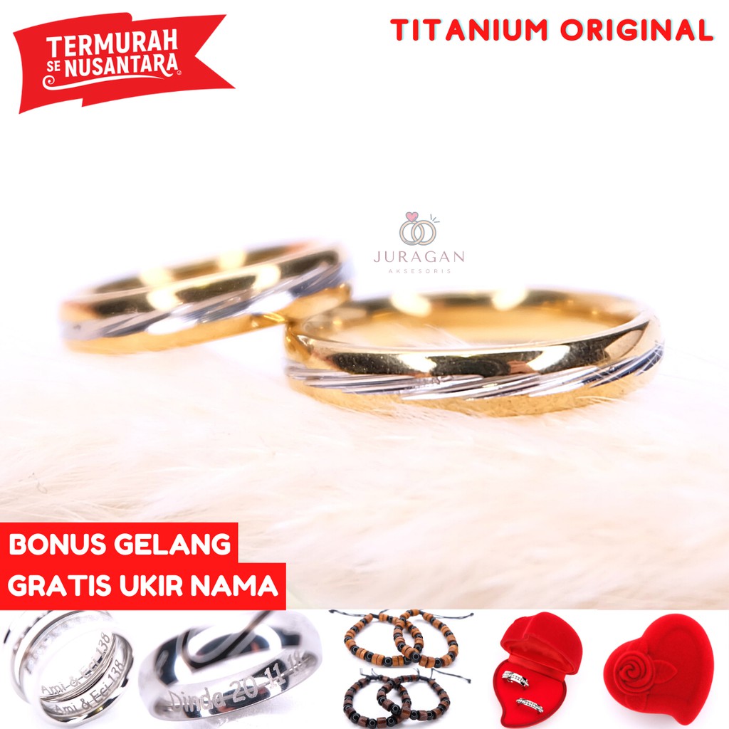 [UKIR NAMA + BOX HATI] Cincin Couple BUCIN Titanium M24 BONUS Gelang Couple