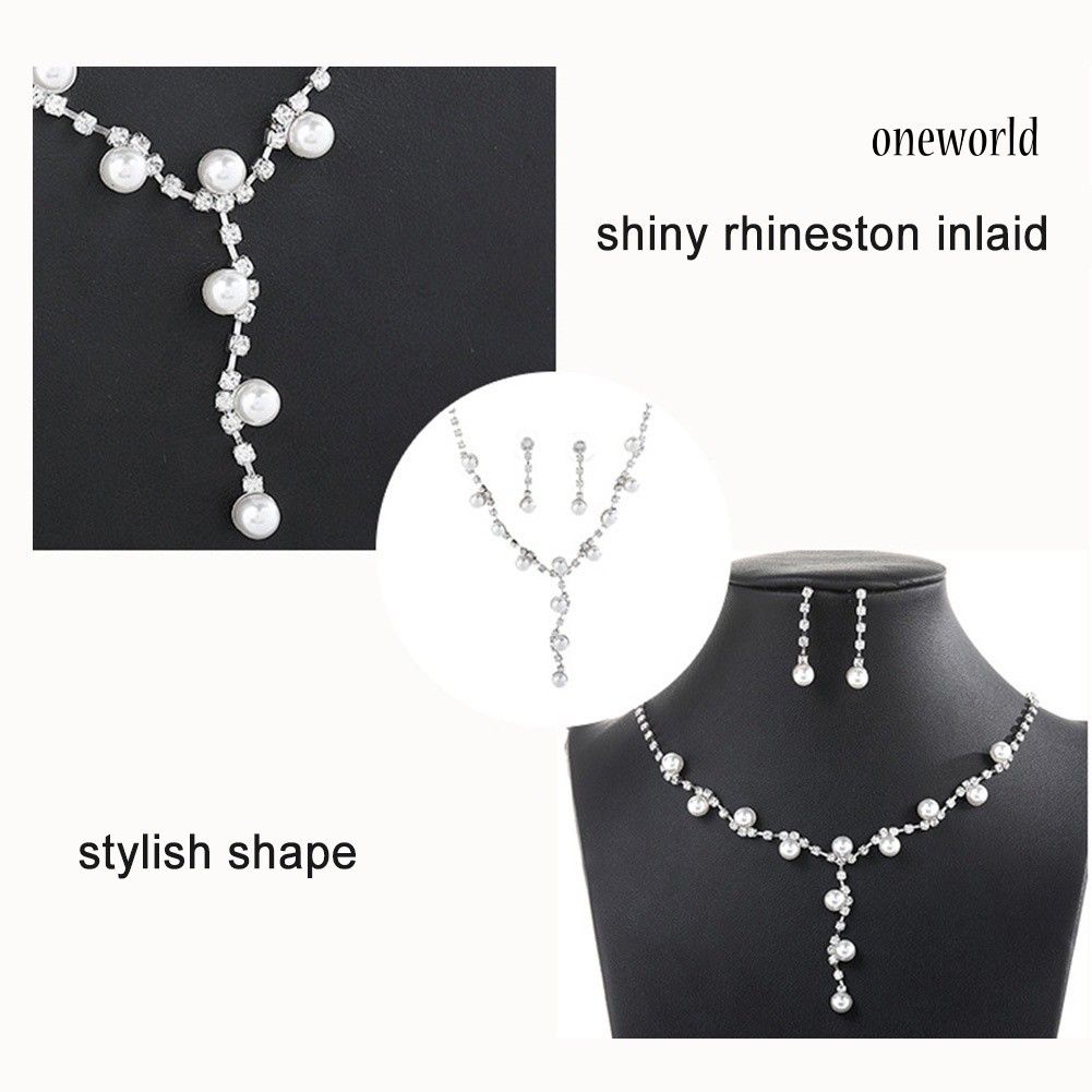 OW@ Fashion Women Rhinestone Faux Pearl Pendant Necklace Stud Earrings Jewelry Set