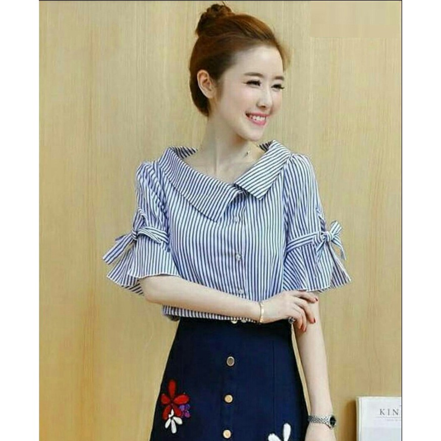 [Marina ribbon Varian Warna RO] Blouse Wanita Yandet Hitam/Biru