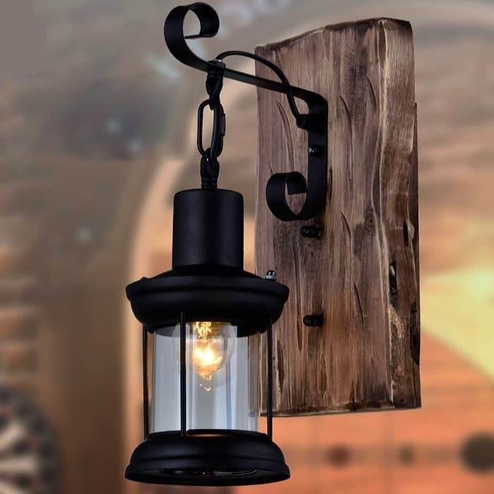 Lampu hias dinding besi kayu kaca cafe resto vintage RUSTIC RETRO WOOD klasik elegan light living di