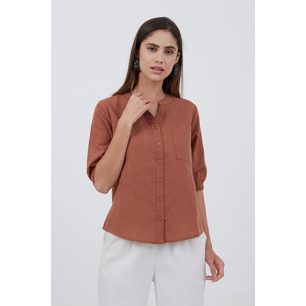 Sorabel - Hyorena Plain V-neck Women Blouse / Kemeja Wanita Polos Collar Neck Lengan 3/4-2
