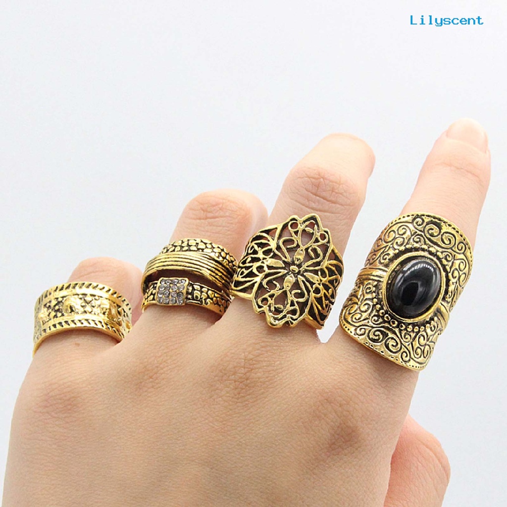 4pcs / Set Cincin Knuckle Bahan Alloy Motif Ukir Hollow Gaya Etnik Untuk Unisex