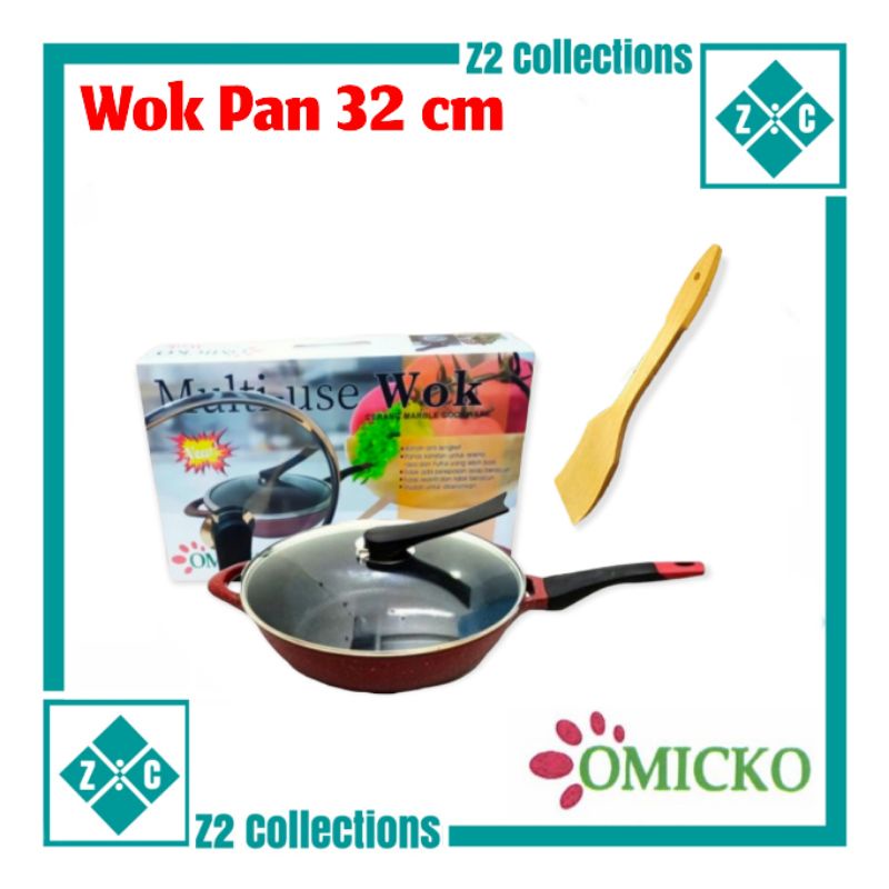 Panci Wajan OMICKO Wokpan 32cm Multi Use Wok Pan Plus Spatula Kayu Wajan Cekung Tutup Kaca