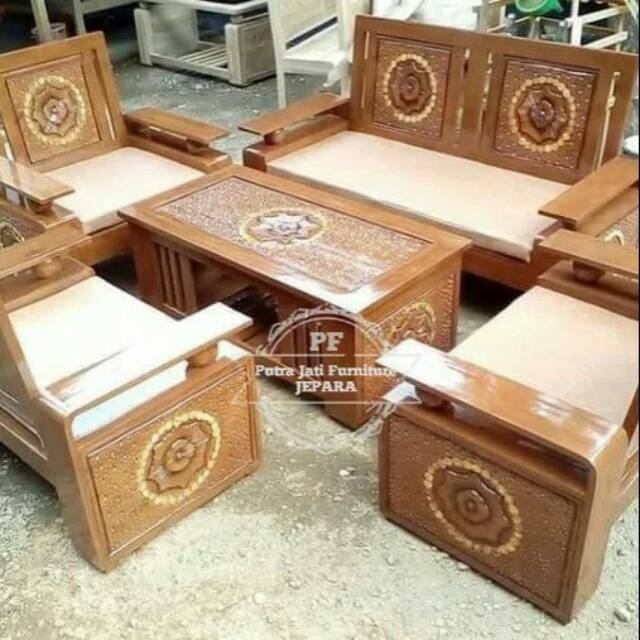 Kursi Jati Ruang Tamu Plus Matras Busa Dudukan, Meja Kursi Ruang Tamu Kayu Jati Free Ongkir