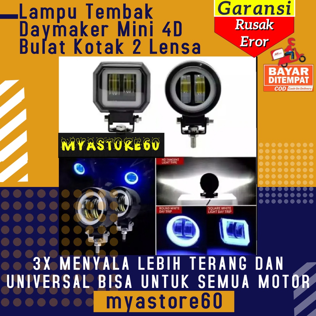 Lampu Tembak Lampu Sorot Daymaker Mini 4D Bulat Kotak 2 Lensa Firing Light Foglamp Fog Lamp Hi Low Daymaker Universal