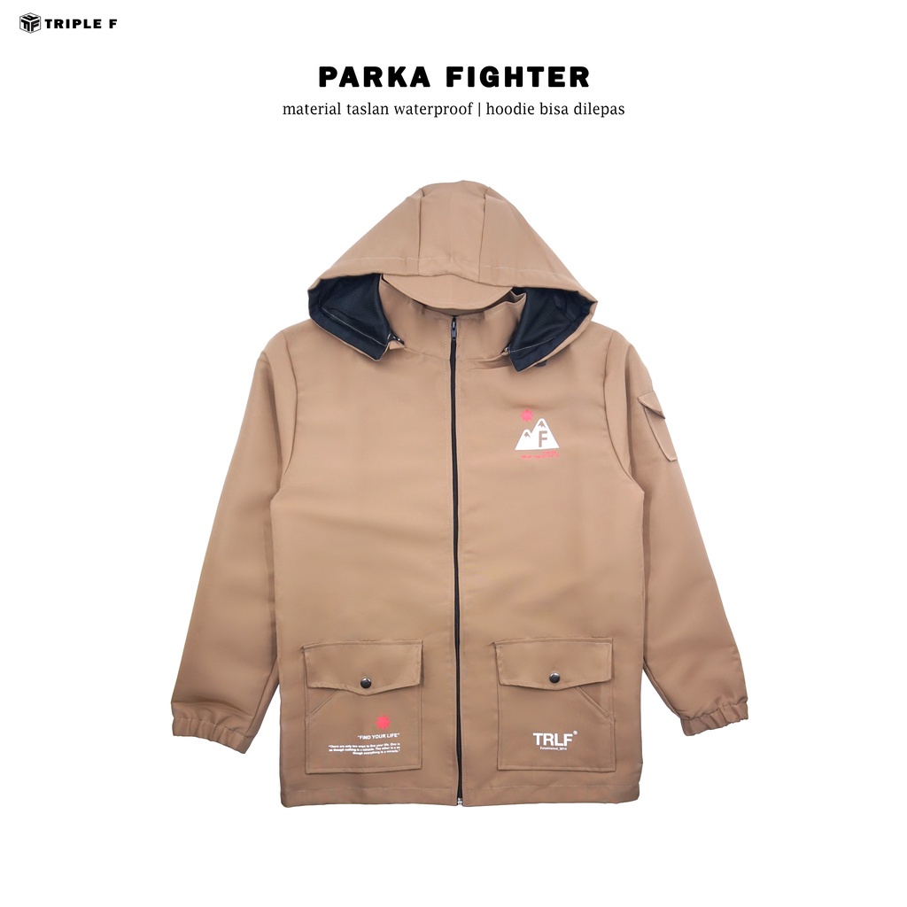 Jaket Parasut Parka Fighter Polos Pria Wanita Unisex Taslan Anti Air Angin Black Army Khaki Size L XL Original Triple F
