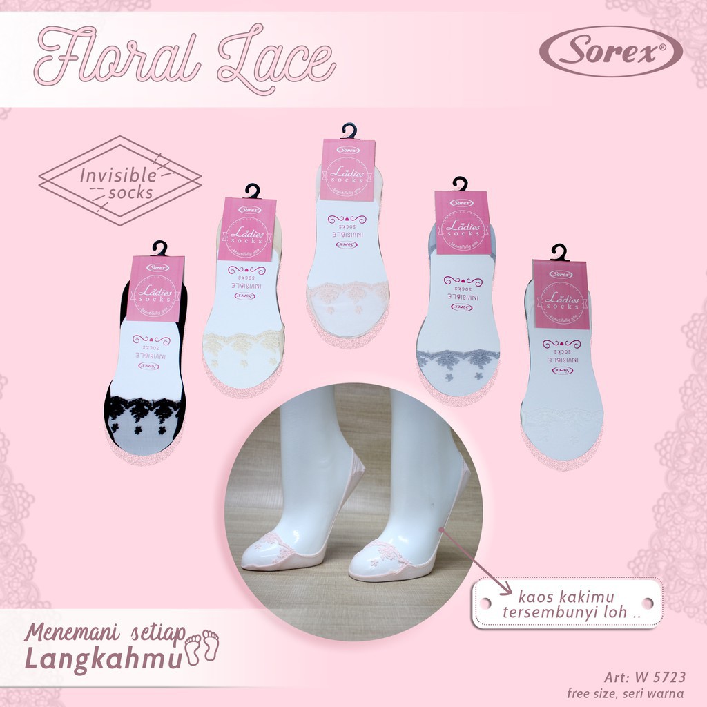 Kaos Kaki Sorex W5723 Floral Lace | Kaos Kaki Wanita Invisible Ladies Socks Girl Sorex 5723 Pilih Warna - Bwr