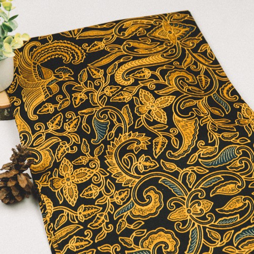Kain Batik Bali Silk Hitam Motif Bunga Warna Kuning
